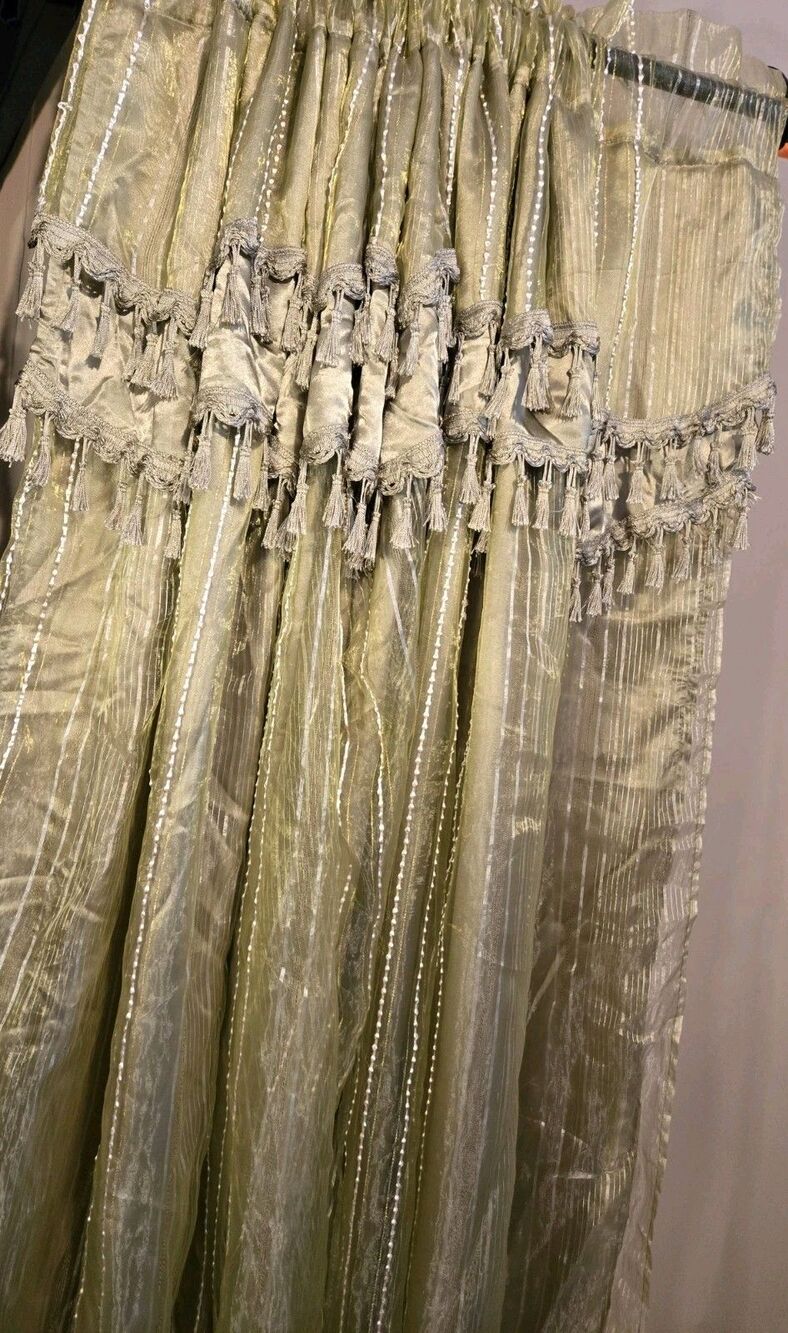 Layered Sage Gold White Green Sheer Satin 2 Panel Curtains 75 X 51 Ea Boho Vibe